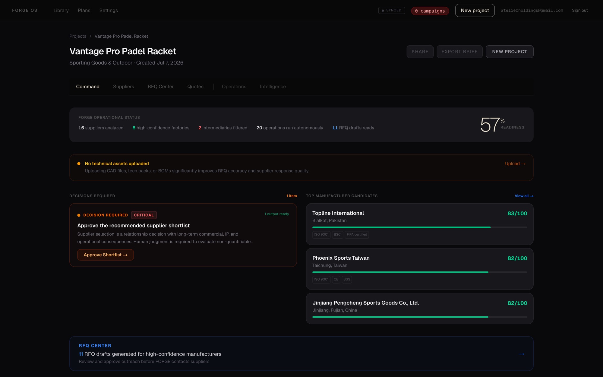FORGE OS Command Center — operational status, ranked manufacturer candidates, and the human decision queue