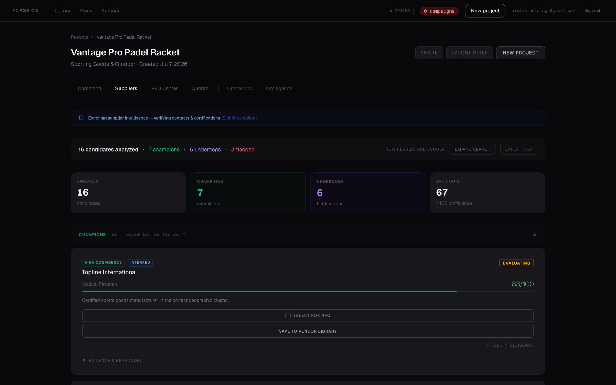 FORGE OS supplier intelligence — candidates scored and classed as champions, underdogs, or flagged